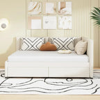 Full Size Upholstered Daybed with 2 Storage Drawers Sofa Bed Frame No Box Spring Needed, Linen Fabric (Beige)