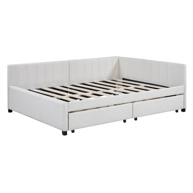 Full Size Upholstered Daybed with 2 Storage Drawers Sofa Bed Frame No Box Spring Needed, Linen Fabric (Beige)