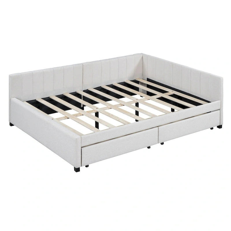 Full Size Upholstered Daybed with 2 Storage Drawers Sofa Bed Frame No Box Spring Needed, Linen Fabric (Beige)