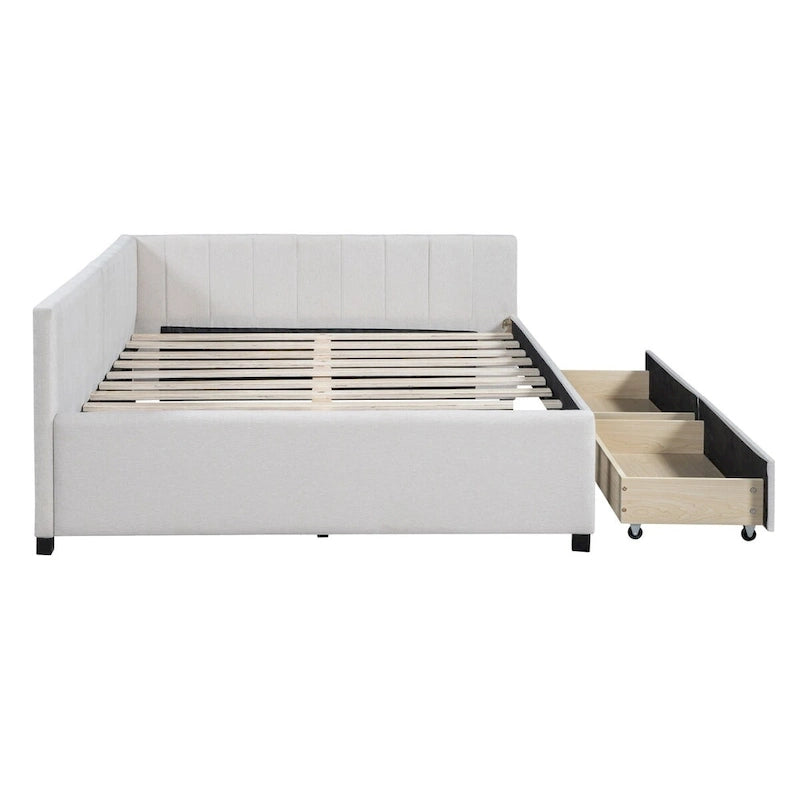 Full Size Upholstered Daybed with 2 Storage Drawers Sofa Bed Frame No Box Spring Needed, Linen Fabric (Beige)