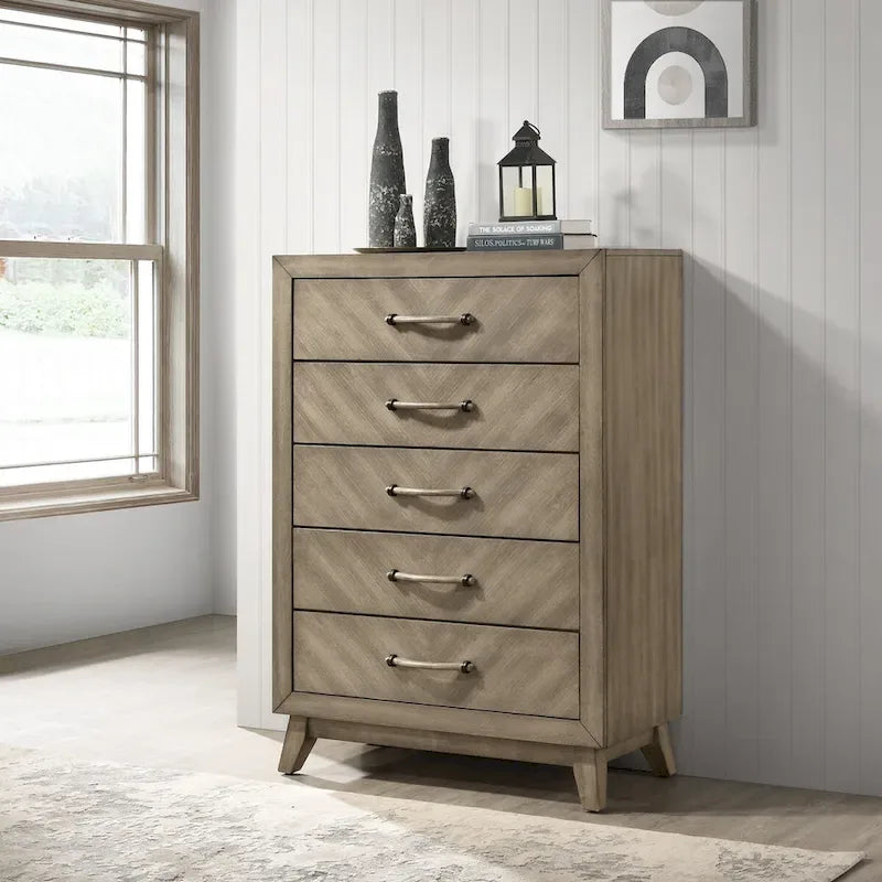 Roundhill Furniture Arena Contemporary Wood Bedroom Set: Panel Bed, Dresser, Mirror, Nightstand, Chest in Antique Gray