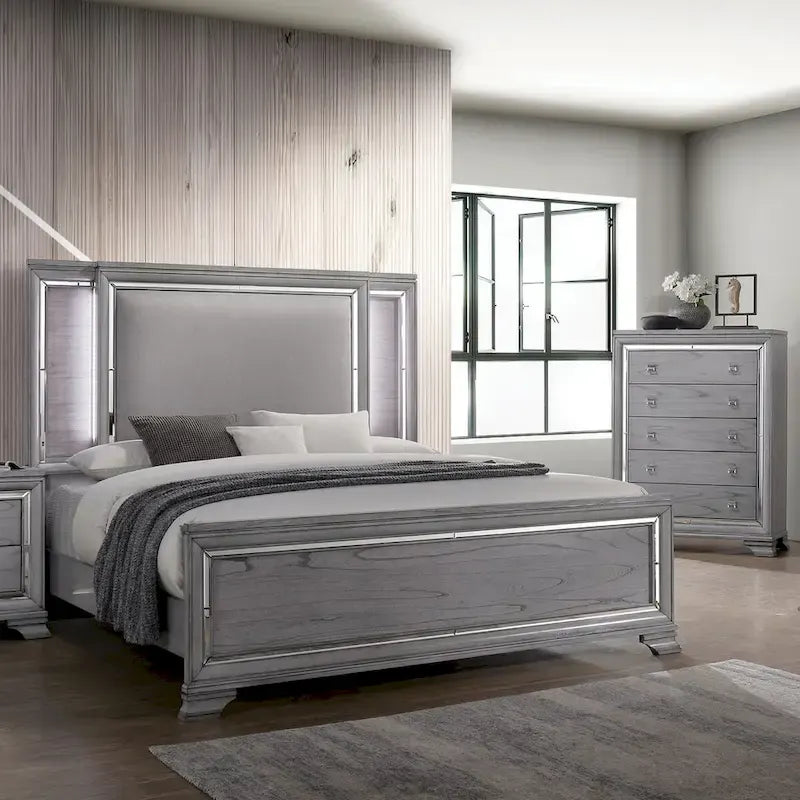 Furniture of America Taia Contemporary Grey 2-Piece Panel Bed and Chest Set with LED