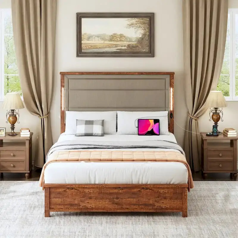 Queen Size Bed Frame with Upholstered Headboard,with Charging Station and LED Lights,Wood Slats,No Box Spring Needed
