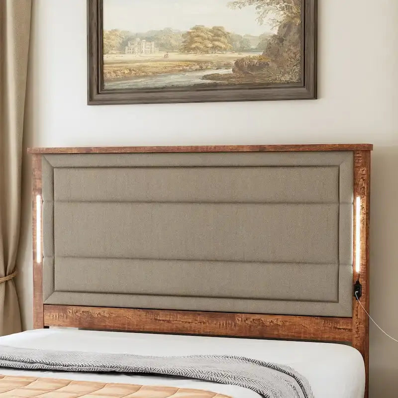 Queen Size Bed Frame with Upholstered Headboard,with Charging Station and LED Lights,Wood Slats,No Box Spring Needed