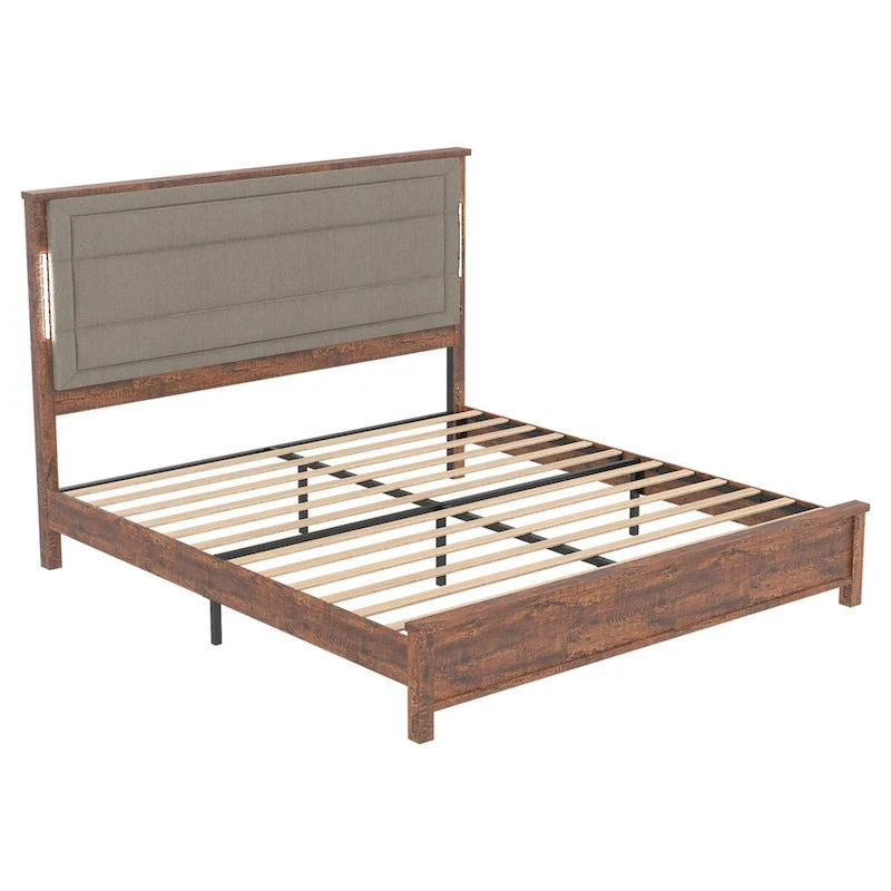 Queen Size Bed Frame with Upholstered Headboard,with Charging Station and LED Lights,Wood Slats,No Box Spring Needed