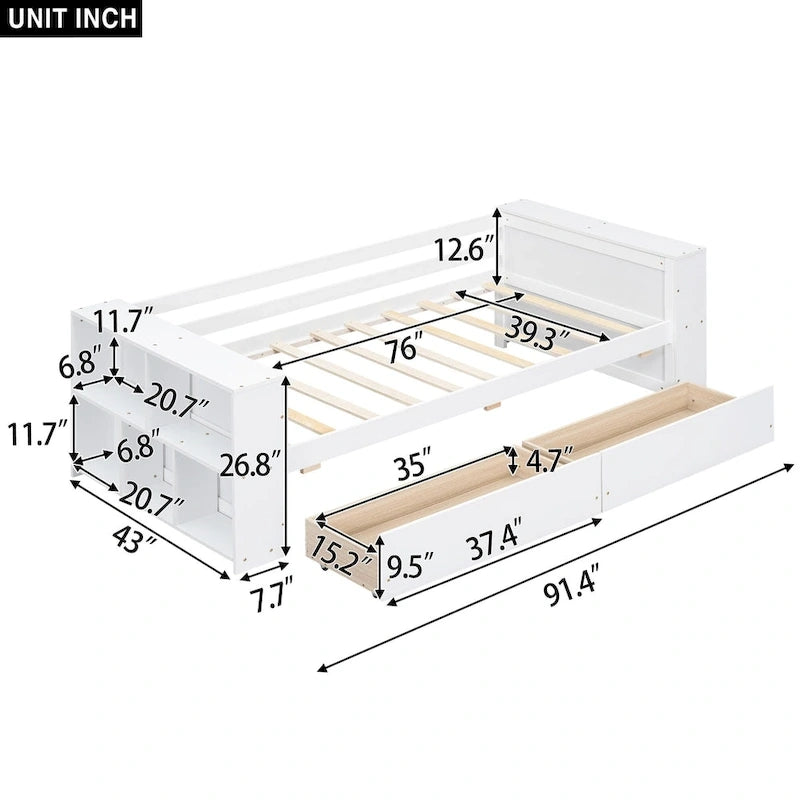 Twin Size Daybed with Shelves and Drawers