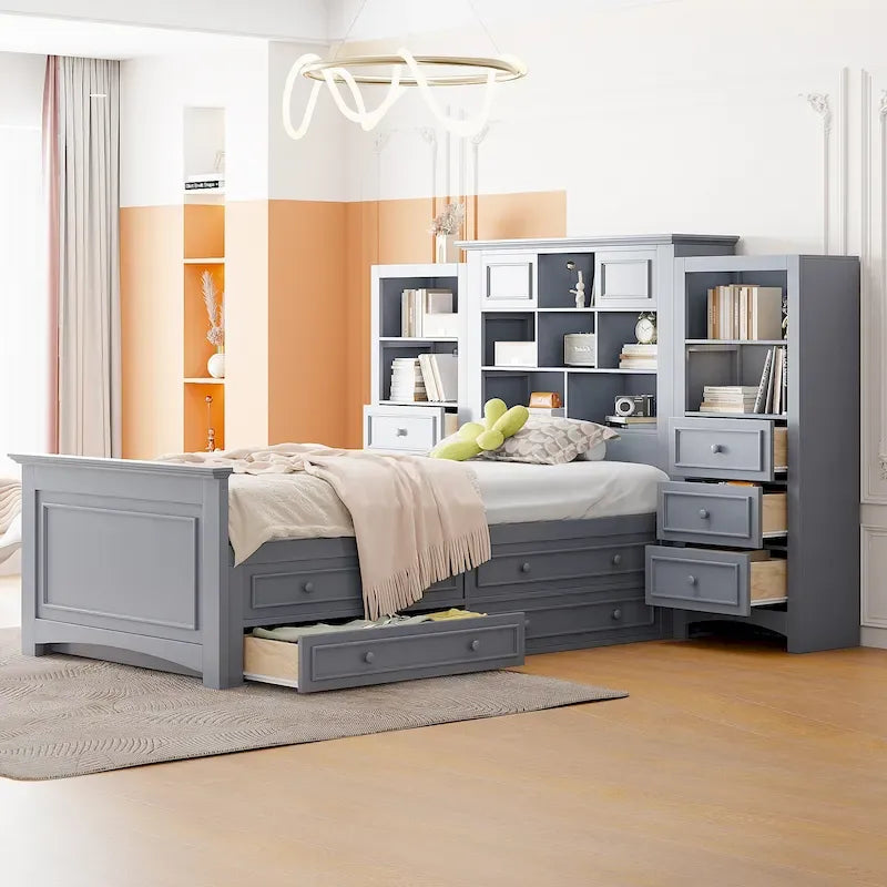 Twin Size Wood Platform Bed Frame with Vertical All-in-One Cabinet and 4 Drawers on each side