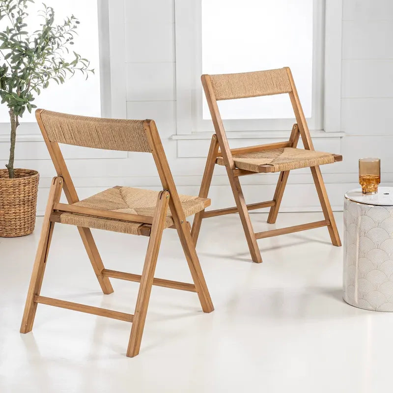 Mallorca Coastal Modern Wood Woven Seagrass Folding Chair, Natural (Set of 2) by