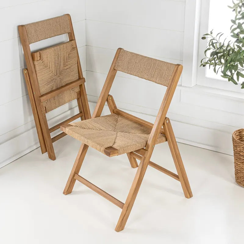 Mallorca Coastal Modern Wood Woven Seagrass Folding Chair, Natural (Set of 2) by