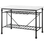 Kitchen Island with Marble Top and Slatted Shelf, Black and White