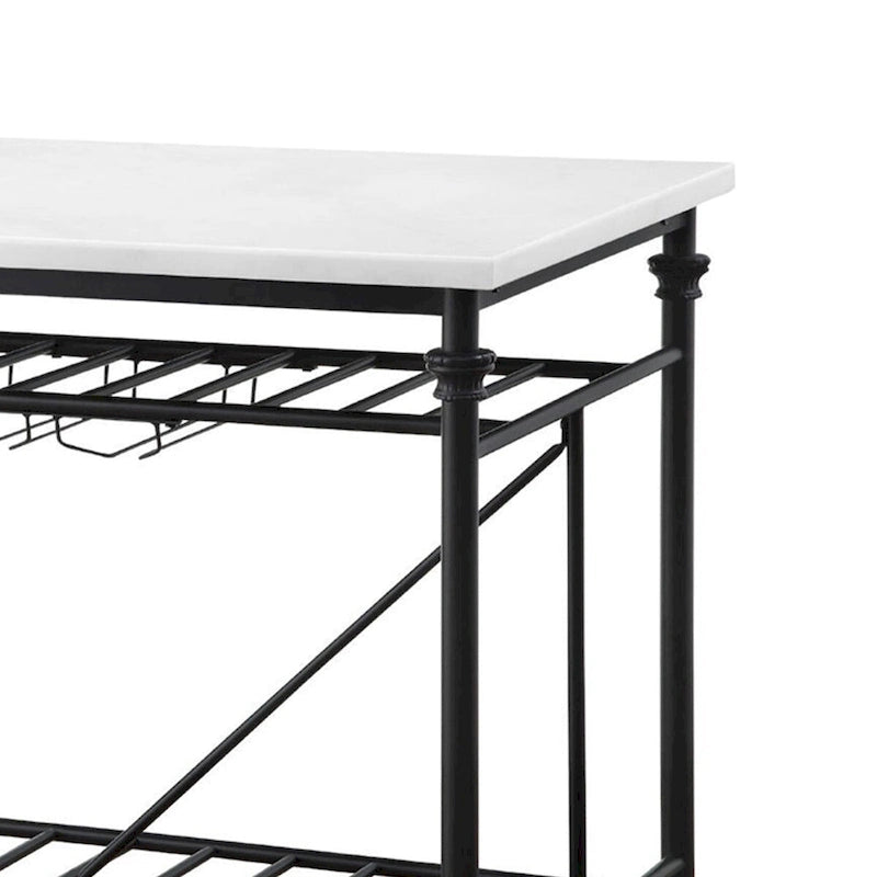 Kitchen Island with Marble Top and Slatted Shelf, Black and White