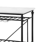 Kitchen Island with Marble Top and Slatted Shelf, Black and White