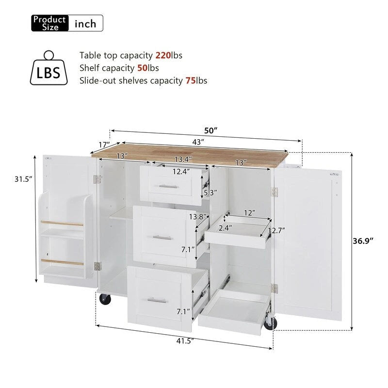 Rolling Kitchen Island Cart on Wheels with Storage,2 Slide-Out Shelf and Internal Storage Rack