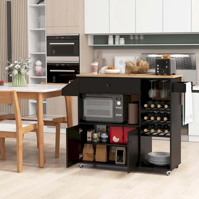 Rolling Kitchen Cart Kitchen Island Cart w/ Drop-Leaf & Power Outlet