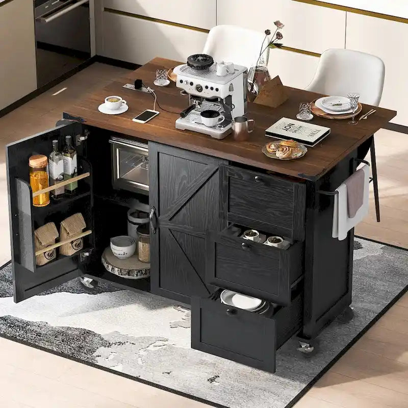 Large Rolling Kitchen Island with Storage and Power Supply