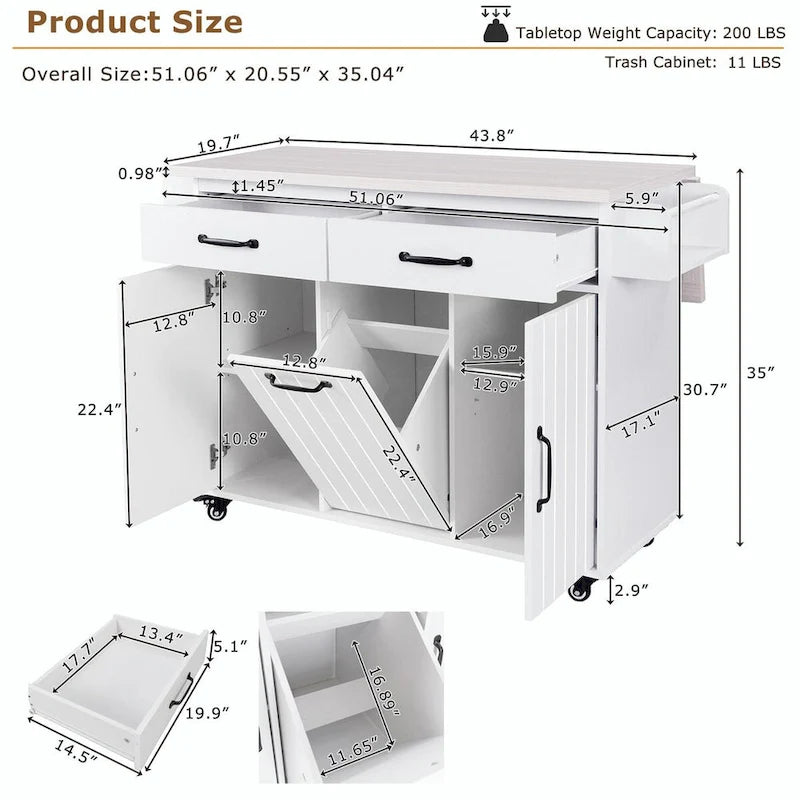 Kitchen Island with Trash Can Storage and Adjustable Shelf