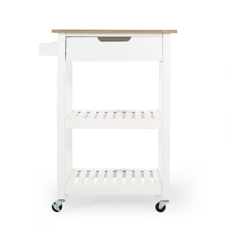 Compact Wooden Kitchen Cart with Wheels Shelves and Drawer by