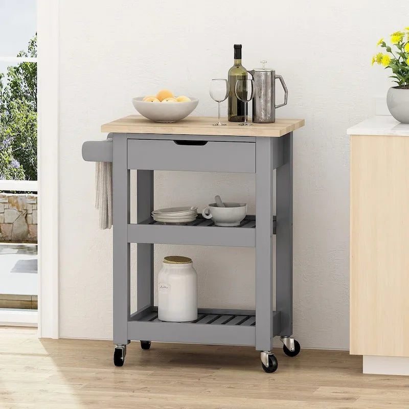 Compact Wooden Kitchen Cart with Wheels Shelves and Drawer by 