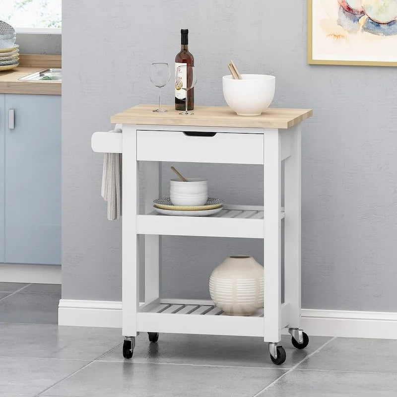 Compact Wooden Kitchen Cart with Wheels Shelves and Drawer by