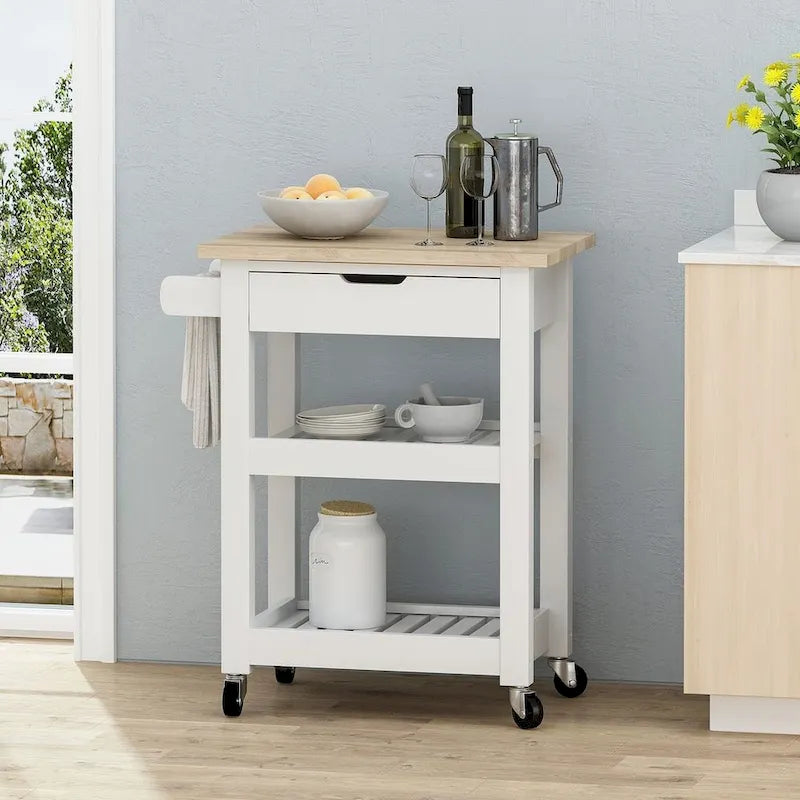 Compact Wooden Kitchen Cart with Wheels Shelves and Drawer by