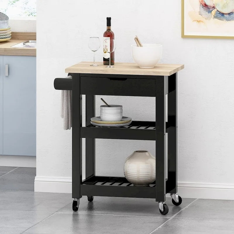 Compact Wooden Kitchen Cart with Wheels Shelves and Drawer by