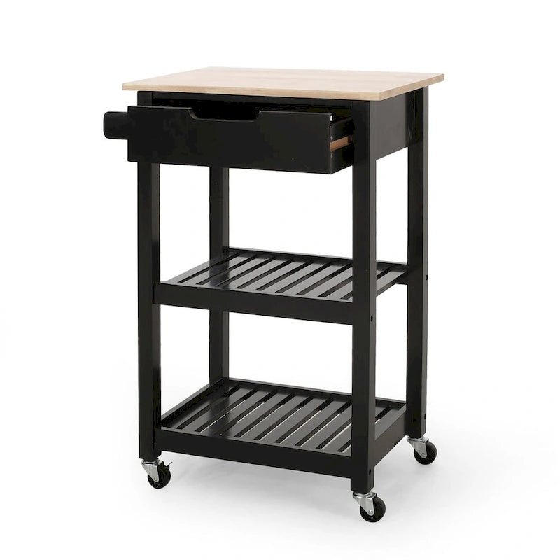 Compact Wooden Kitchen Cart with Wheels Shelves and Drawer by