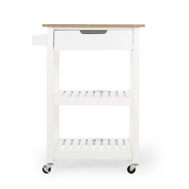 Compact Wooden Kitchen Cart with Wheels Shelves and Drawer by