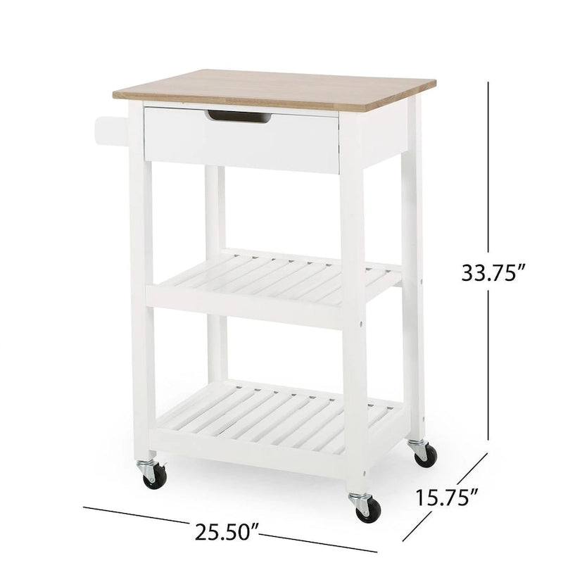 Compact Wooden Kitchen Cart with Wheels Shelves and Drawer by