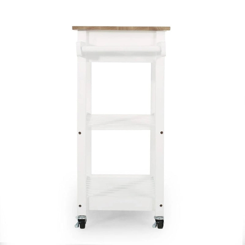 Compact Wooden Kitchen Cart with Wheels Shelves and Drawer by