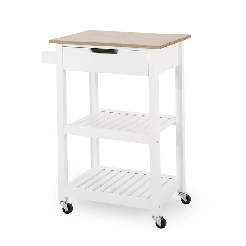 Compact Wooden Kitchen Cart with Wheels Shelves and Drawer by