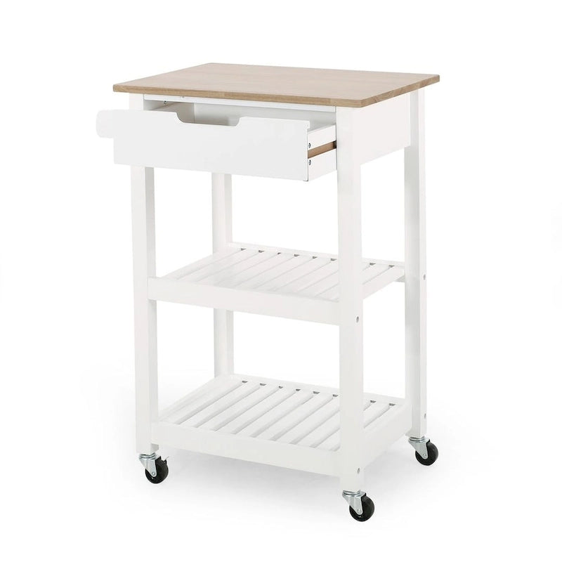 Compact Wooden Kitchen Cart with Wheels Shelves and Drawer by