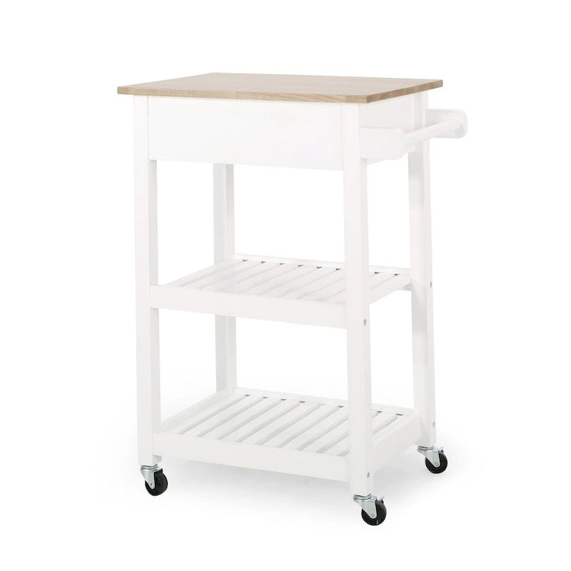 Compact Wooden Kitchen Cart with Wheels Shelves and Drawer by