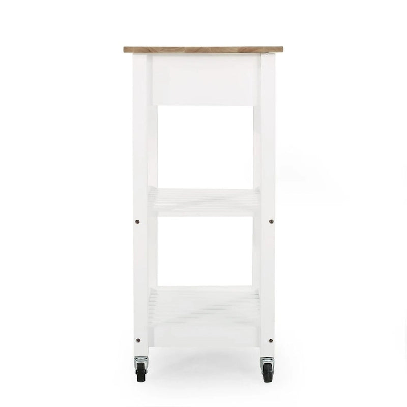 Compact Wooden Kitchen Cart with Wheels Shelves and Drawer by