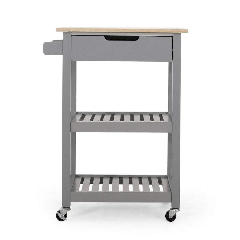 Compact Wooden Kitchen Cart with Wheels Shelves and Drawer by