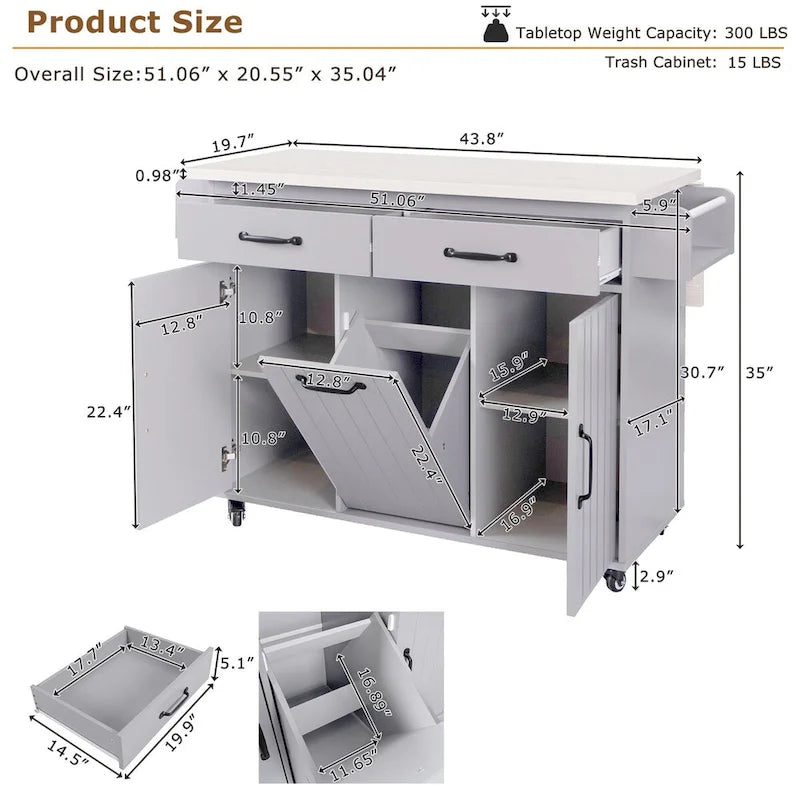 Kitchen Island with Trash Can Storage Cabinet by