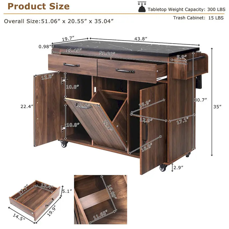 Kitchen Island with Trash Can Storage Cabinet by