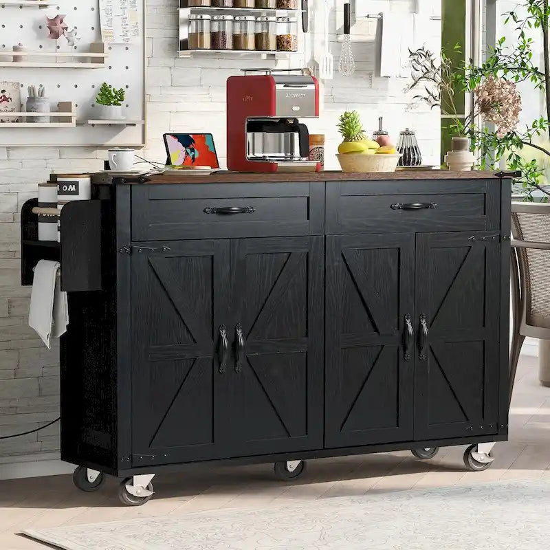 53.5 Farmhouse Kitchen Island - Power Outlet, Drop Leaf, Spice Rack, Drawer, Rolling Cart on Wheels