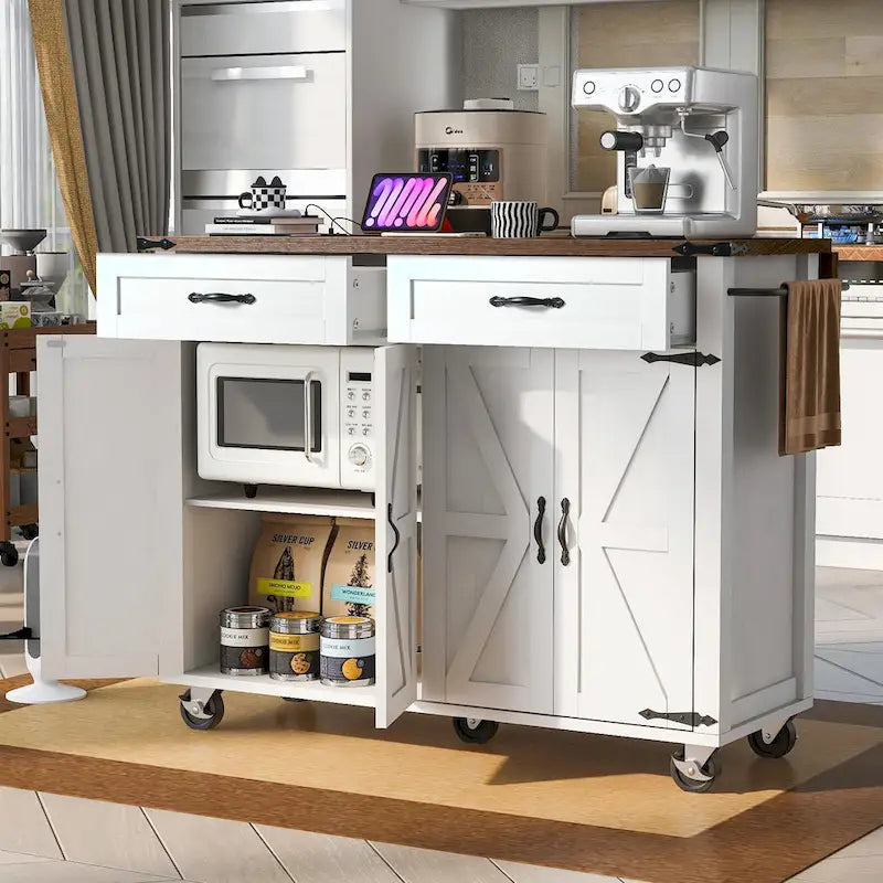 53.5 Farmhouse Kitchen Island - Power Outlet, Drop Leaf, Spice Rack, Drawer, Rolling Cart on Wheels