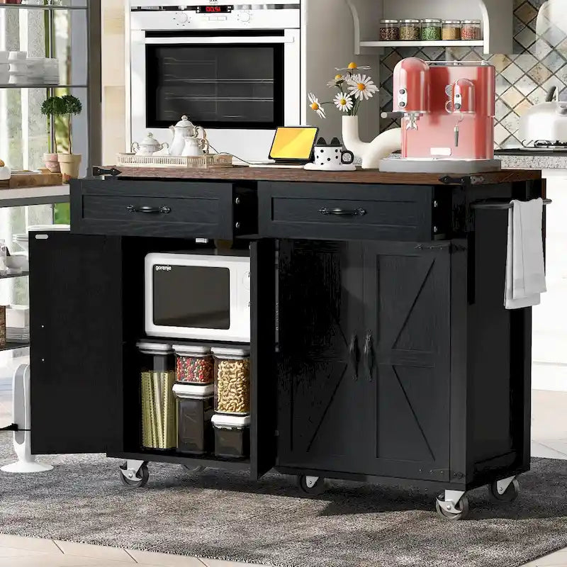 53.5 Farmhouse Kitchen Island - Power Outlet, Drop Leaf, Spice Rack, Drawer, Rolling Cart on Wheels