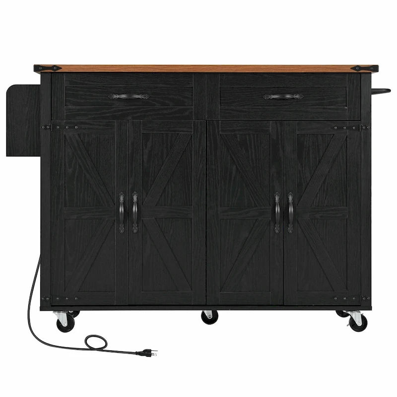 53.5 Farmhouse Kitchen Island - Power Outlet, Drop Leaf, Spice Rack, Drawer, Rolling Cart on Wheels