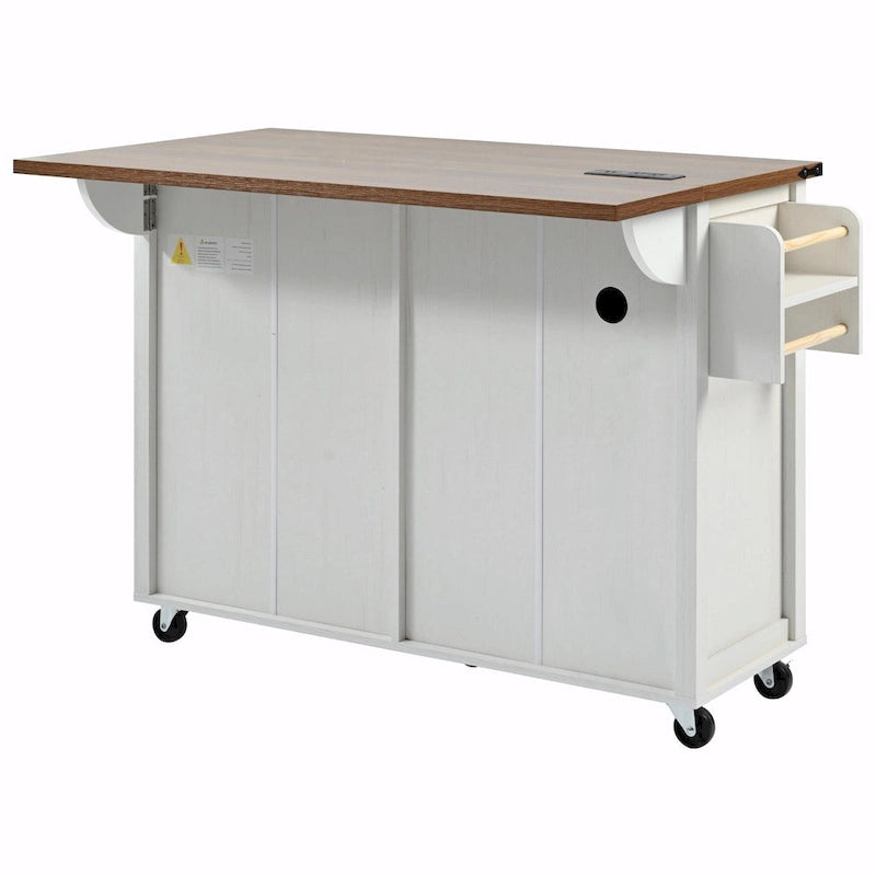 53.5 Farmhouse Kitchen Island - Power Outlet, Drop Leaf, Spice Rack, Drawer, Rolling Cart on Wheels