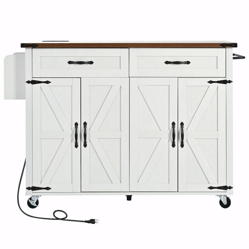 53.5 Farmhouse Kitchen Island - Power Outlet, Drop Leaf, Spice Rack, Drawer, Rolling Cart on Wheels