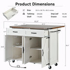 53.5 Farmhouse Kitchen Island - Power Outlet, Drop Leaf, Spice Rack, Drawer, Rolling Cart on Wheels