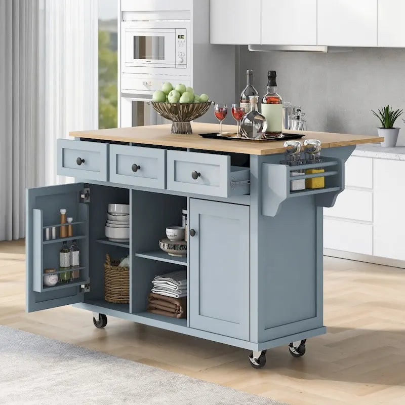 Kitchen Island on 5 Wheels with Storage Cabinet and 3 Drawers