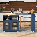 Rolling Kitchen Island: Extended Table, Power Outlets, Glass Doors
