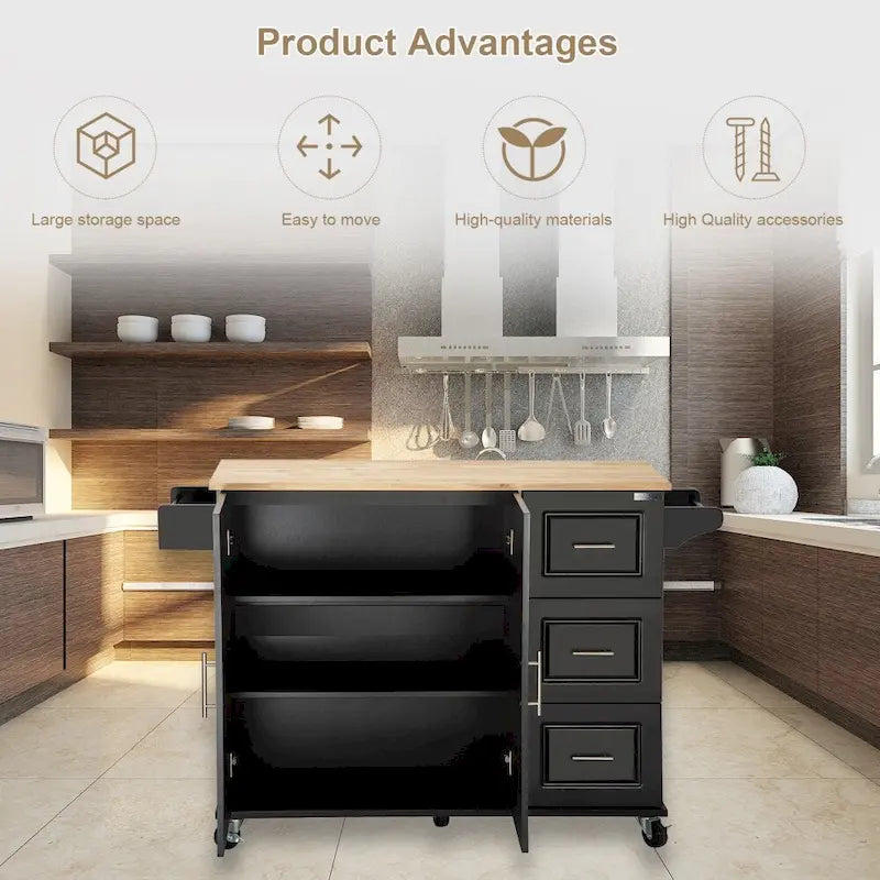 Mobile Kitehcn Island with Extensible Table Top and Adjustable Shelf