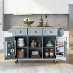 Kitchen Cart with Rubber wood Drop-Leaf Countertop 5 Wheels with Storage Cabinet and 3 Drawers