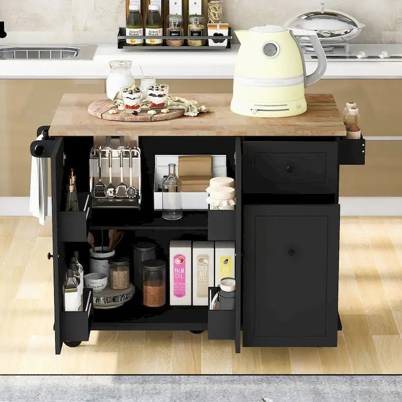 53.9 in. W Kitchen Island Rubberwood Drop-Leaf Countertop on 5 Wheels with Internal Storage Rack and 3 Tier Pull Out Cabinet