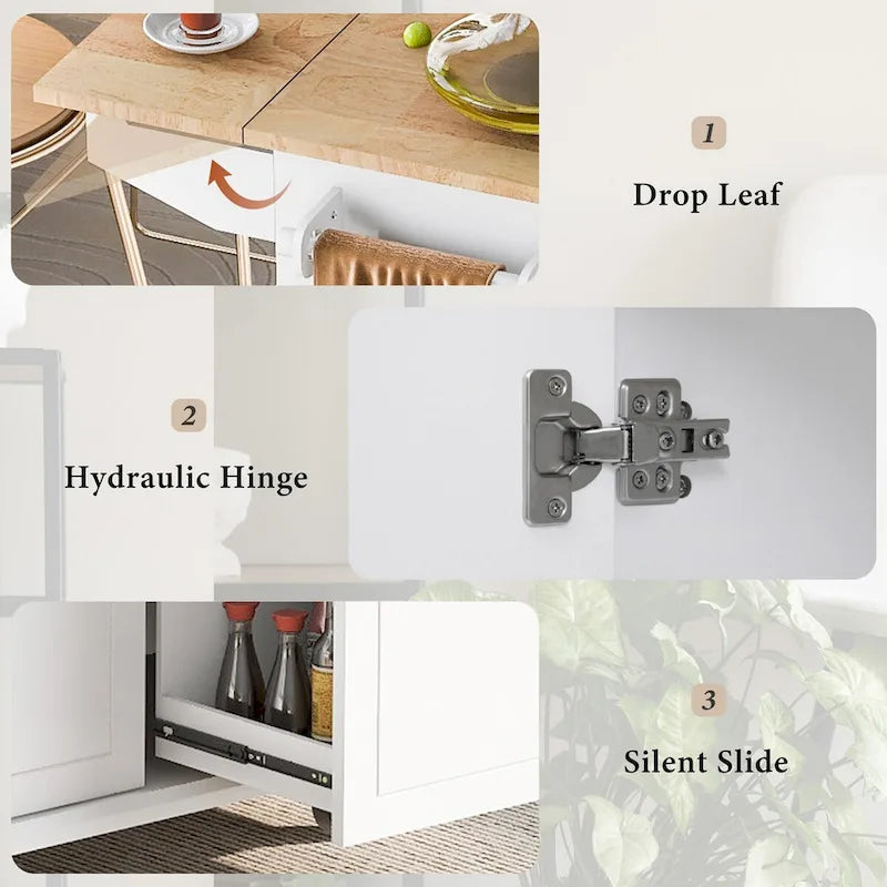53.9 in. W Kitchen Island Rubberwood Drop-Leaf Countertop on 5 Wheels with Internal Storage Rack and 3 Tier Pull Out Cabinet