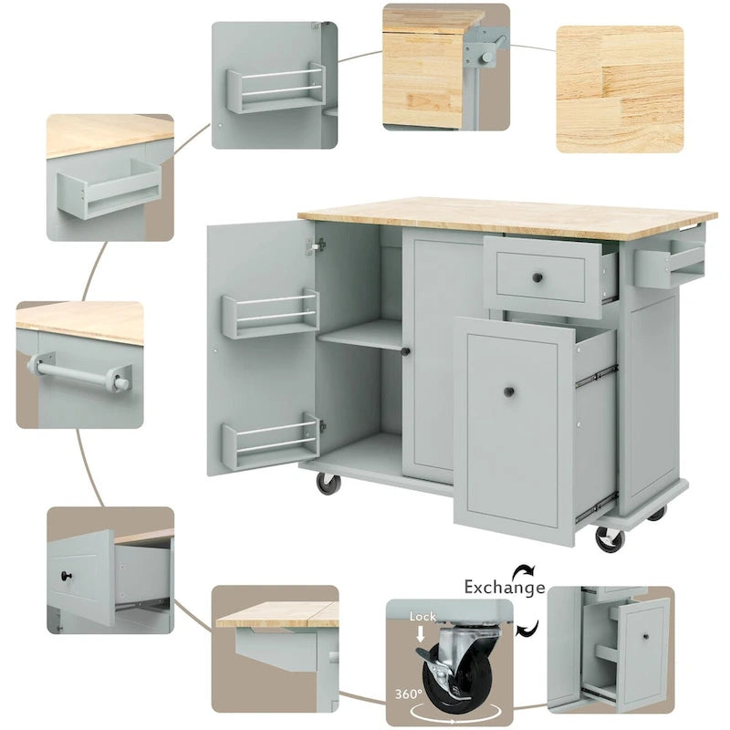 53.9 in. W Kitchen Island Rubberwood Drop-Leaf Countertop on 5 Wheels with Internal Storage Rack and 3 Tier Pull Out Cabinet